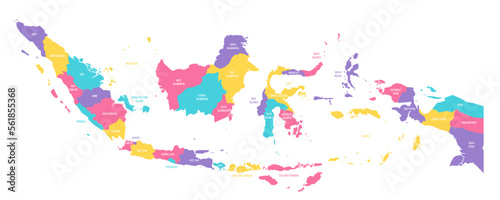 Indonesia political map of administrative divisions - provinces and special regions. Colorful vector map with labels.
