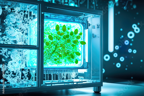 Plant treatment study in industrial laboratories for virus protection vaccination, coronavirus COVID 19 medication protection concept, photobioreactor in a lab. Generative AI photo
