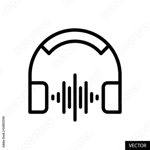 Headphones with sound wave, Music playing vector icon in line style design for website, app, UI, isolated on white background. Editable stroke. Vector illustration.