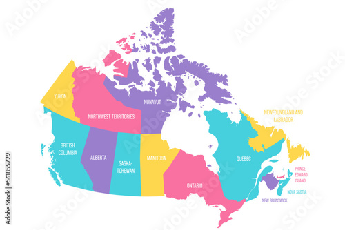 Canada political map of administrative divisions - provinces and territories. Colorful vector map with labels.