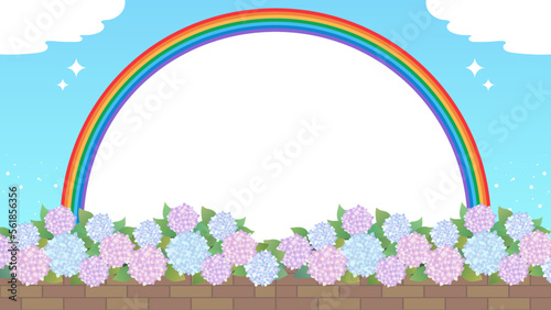 紫陽花と虹のイラスト背景フレーム素材
