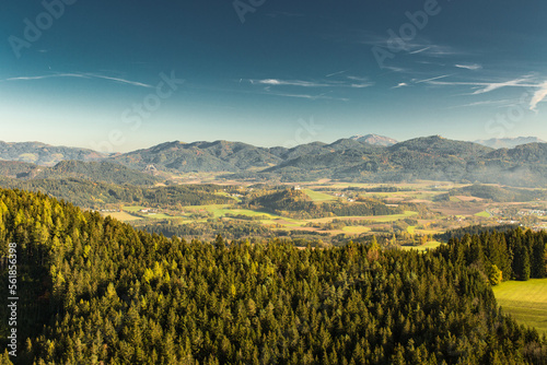 view over the middle of carinthia towards the east with saualm and the peak of koralm.