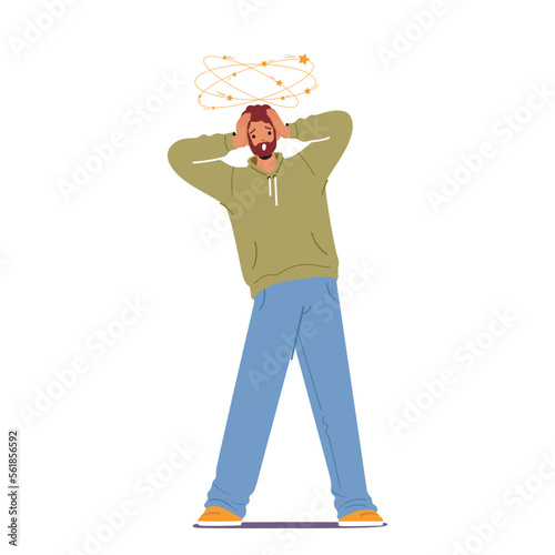 Male Character Stand with Dizzy Head Isolated on White Background. Man Feel Bad, Migraine, Person Overload with Info