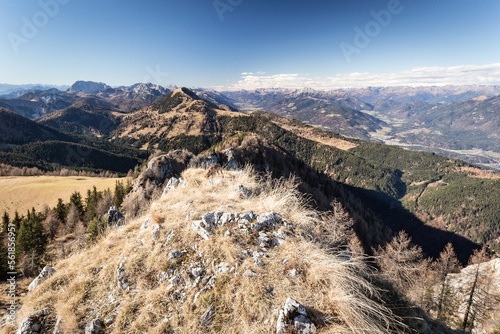 view from starhand peak to the west with the dolomites range in the backdrop and down into the Gail valley.