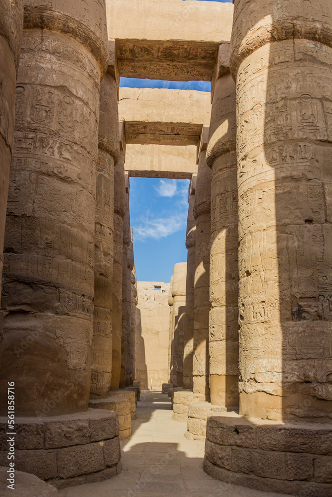 Decorated columns of the Great Hypostyle Hall in the Amun Temple enclosure in Karnak, Egypt
