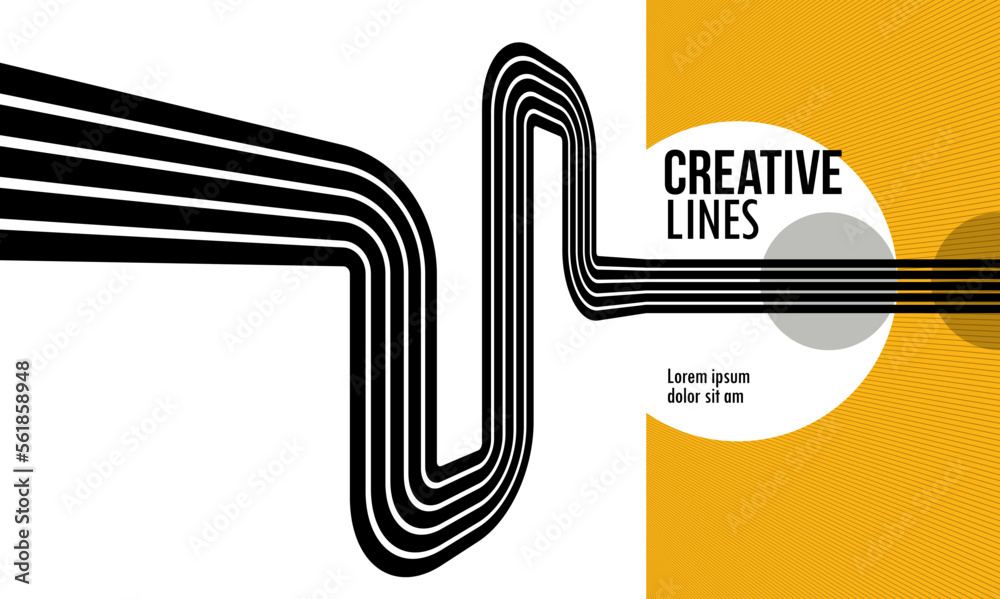 3D black and yellow lines in perspective abstract vector background, linear perspective illustration op art.