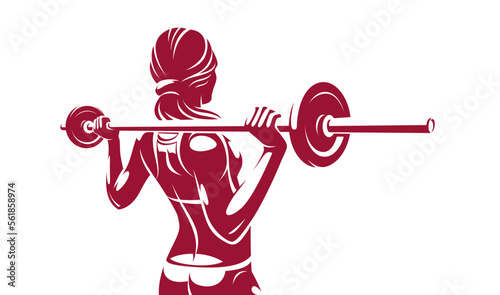 Young attractive woman with perfect muscular body training with a barbell vector illustration isolated, sport exercises active lifestyle.