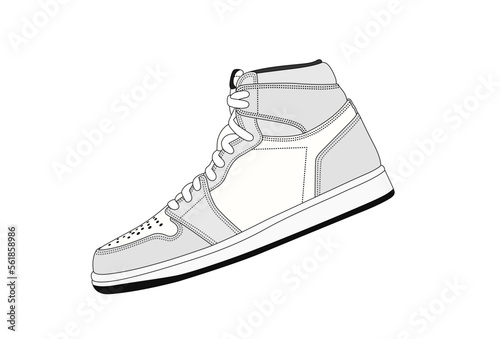 Vector white sneakers illustration, isolated on white background. Basketball shoe linear silhouette. Black, white, trainers sign. Sneaker shop logo. Man sport footwear. Silver trainers, side view