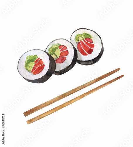 Japanese sushi,salmon rolls, a set of watercolor rolls with sticks, isolated on a white background, Asian cuisine