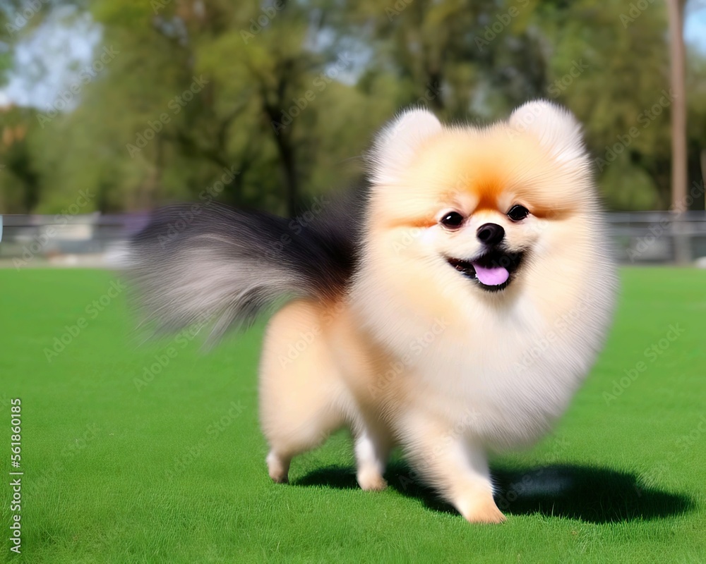 Furry German spitz enjoying companionship in green environment with Pomeranian.