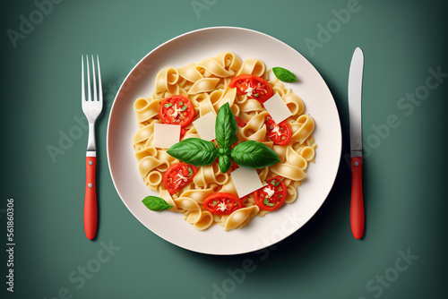 pasta with basil and tomato. Generative AI photo