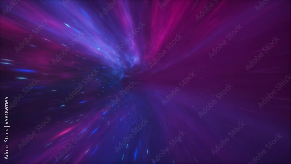 Abstract hyper jump into another galaxy. Warp tunnel wormhole moving in hyperspace. Hyper speed space travel concept