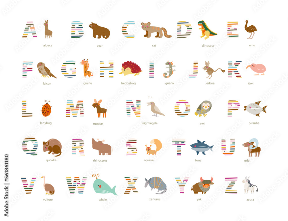 alphabet with animals colorful vector set 