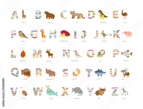 alphabet with animals colorful vector set 