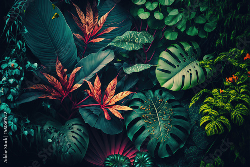 Wallpaper Mural Lush colorful tropical leaves, dark background. AI Torontodigital.ca