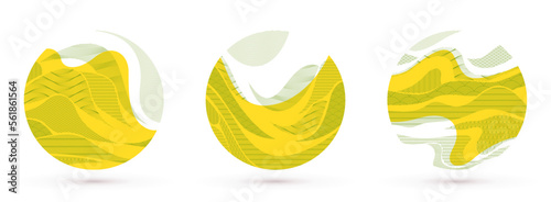Oriental Japanese style vector abstract illustrations set in yellow color in a shape of circle, backgrounds in Asian traditional style, wavy shapes and mountains terrain, runny like sea lines.