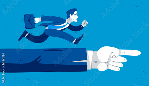 Business man run and hurry on pointing boss hand symbolizes career motivation vector illustration, funny comic cute cartoon worker or employee in a rush to success.