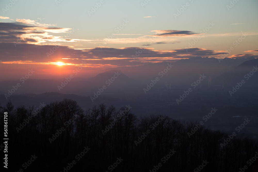 sunset in northern italy, at the southern foothills of the alps, close to Udine in Friuli Venetia.