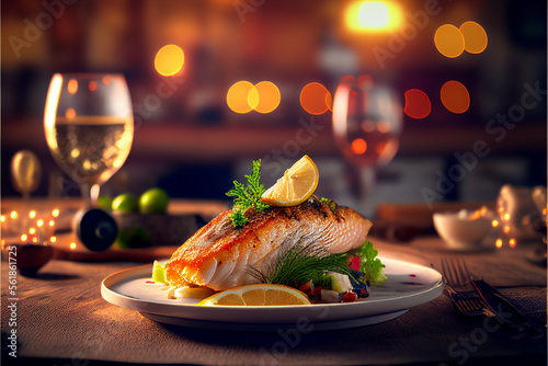 foto de prato com salmão grelhado com especto delicioso, molho saboroso, legumes, limão e ervas aromáticas, ai generative photo