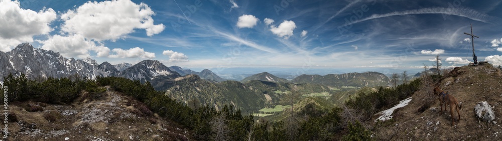 panoramic picture from rijauca peak looking north towards klagenfurt,  the capital city of carinthia.