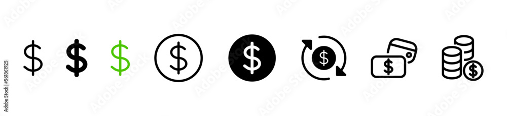Set of US Dollar symbol line shapes, thin line design Set of US Dollar symbol line shapes, thin line design