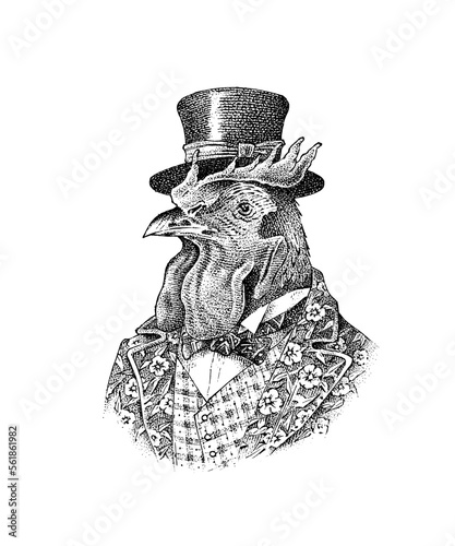 Rooster character in a hat. Fashionable Aristocrat or Rich Man. Hand drawn cockerel. Engraved old monochrome sketch.