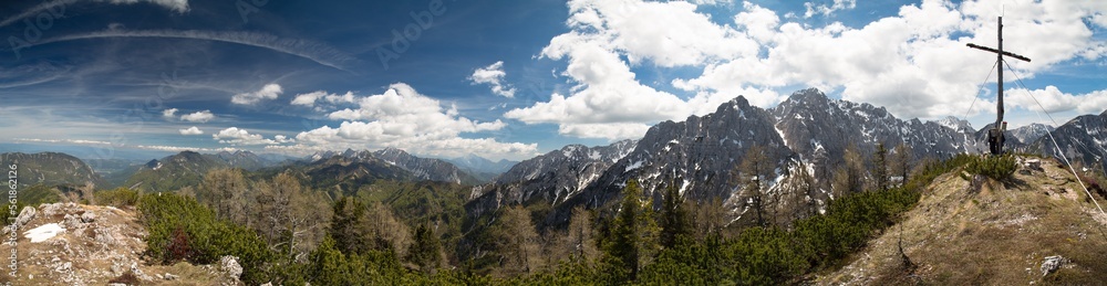panoramic picture from rijauca peak into the karawanken and towards the city of klagenfurt in the distance.