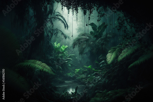 Fototapeta Naklejka Na Ścianę i Meble -  Night tropical jungle background. Atmospheric rainforest. AI