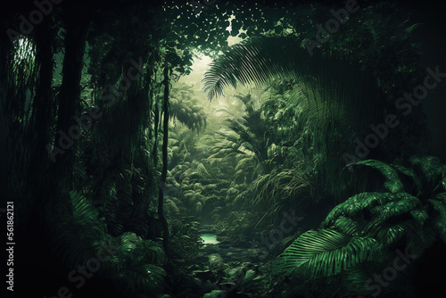 Night tropical jungle background. Atmospheric rainforest. AI © Oleksandr Blishch