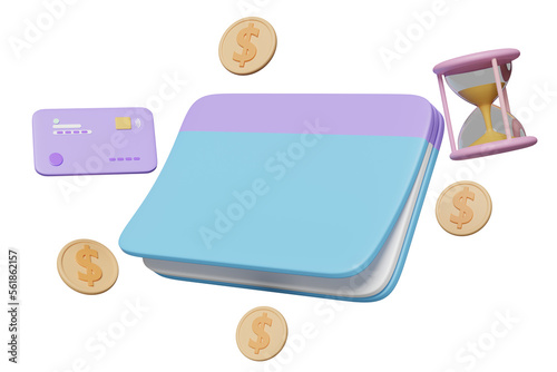 3d bank account book, passbook with money dollar coin, credit card, hourglass isolated. saving money, financial business, banking payment, minimal concept, 3d render illustration