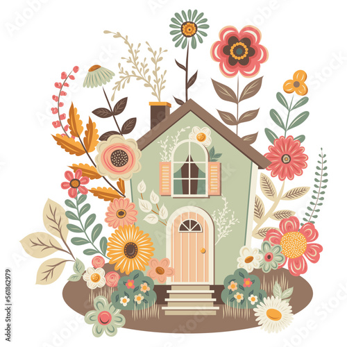 Cottage Core vector house and flowers illustration