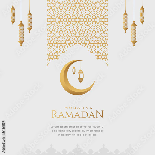 Ramadan Eid Mubarak Greetings Islamic Arabic Arabesque Ornaments White Background with Copy Space