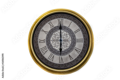 Wall clock with Roman numerals on a white background.