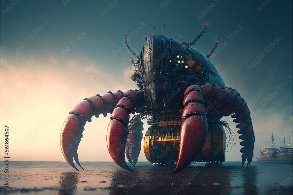 a giant crab with glowing eyes and claws on the beach near the ocean ...