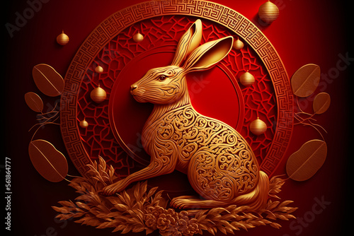 Golden Rabbit zodiac sign with Asian elements isolated on red color background. Lunar New Year. Generative AI