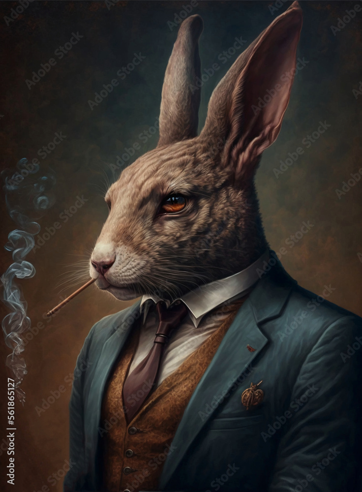 Realistic rabbit in a suit smoking a cigar, portrait generative ai ...