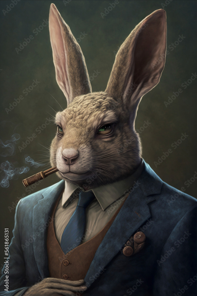 Realistic rabbit in a suit smoking a cigar, portrait generative ai ...