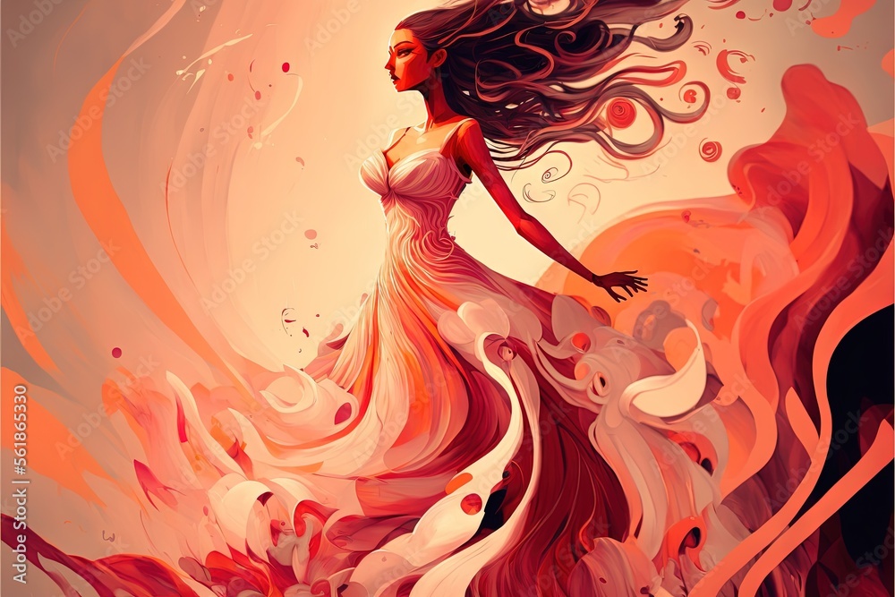 a woman in a flowing dress with her hair blowing in the wind, with a ...