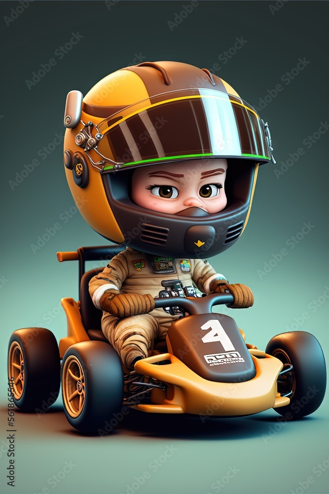 Fototapeta premium a cartoon character is driving a race car with a helmet on and a helmet on his head and a helmet on his head, and a helmet on his face, and a green background. generative ai