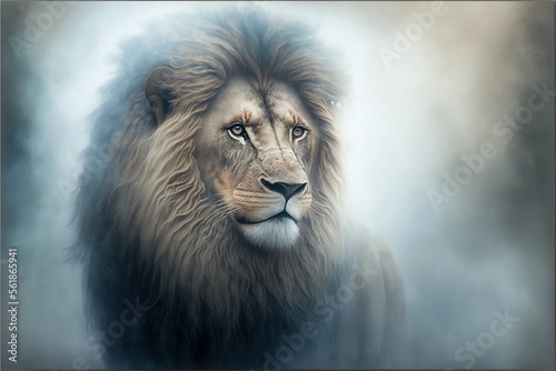  a painting of a lion in the fog, framed in a photo frame The lion is depicted in great detail, with its mane and features clearly visible Its eyes are intense and photo