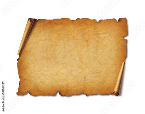 Old mediaeval paper sheet. Horizontal parchment scroll isolated on white with shadow photo