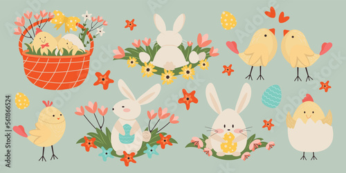 Cute Easter set, funny rabbits and chickens, vector illustration