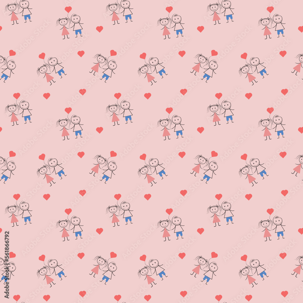 drawn people with a heart balloon, great design for any purpose. Valentine's Day. gift wrapping. fabric.Vector set.