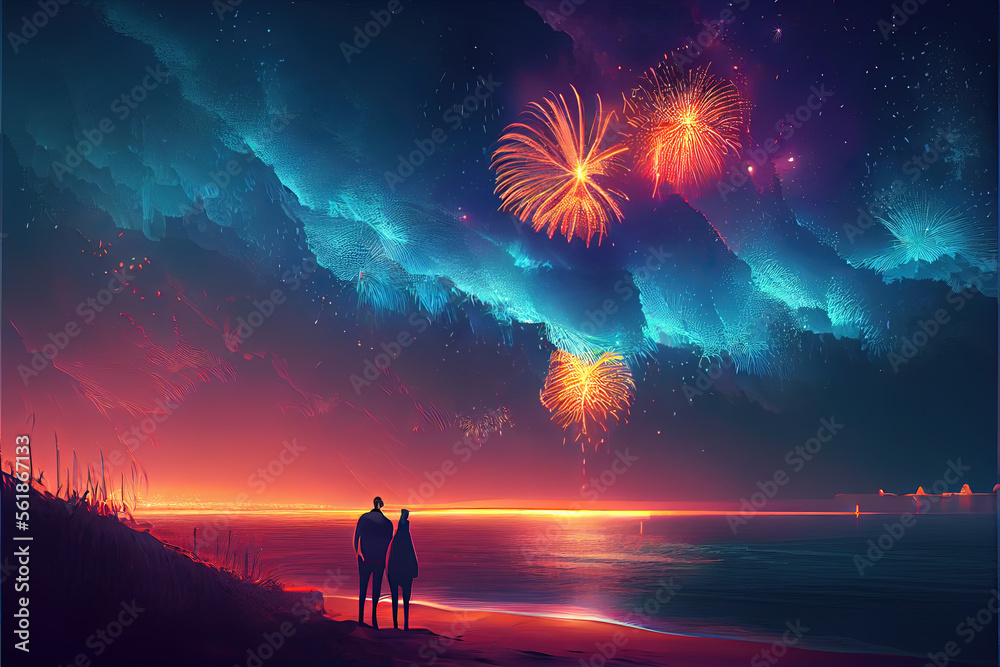 People watching fireworks, silhouettes of man and woman at seashore, illustration