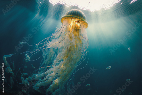 Ethereal underwater scene of a giant lion's mane jellyfish floating in sun rays just below the surface of the ocean. Generative AI
