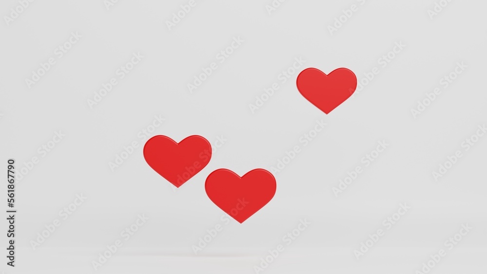 3d render of three red flat hearts isolated on white background