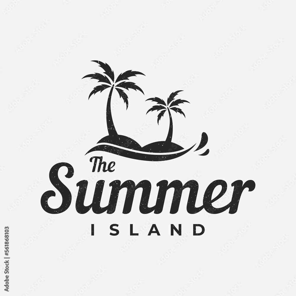 Beach summer vacation creative logo template with waves, palm trees and surf board symbols in retro style.Emblem,label, poster,badge. Beach summer vacation creative logo template with waves, palm trees and surf board symbols in retro style.Emblem,label, poster,badge.