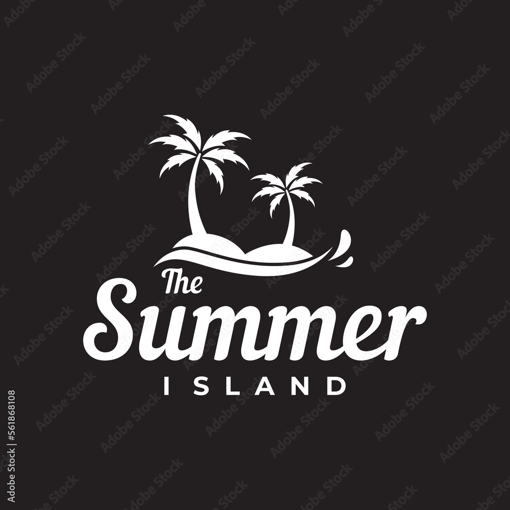 Beach summer vacation creative logo template with waves, palm trees and surf board symbols in retro style.Emblem,label, poster,badge.