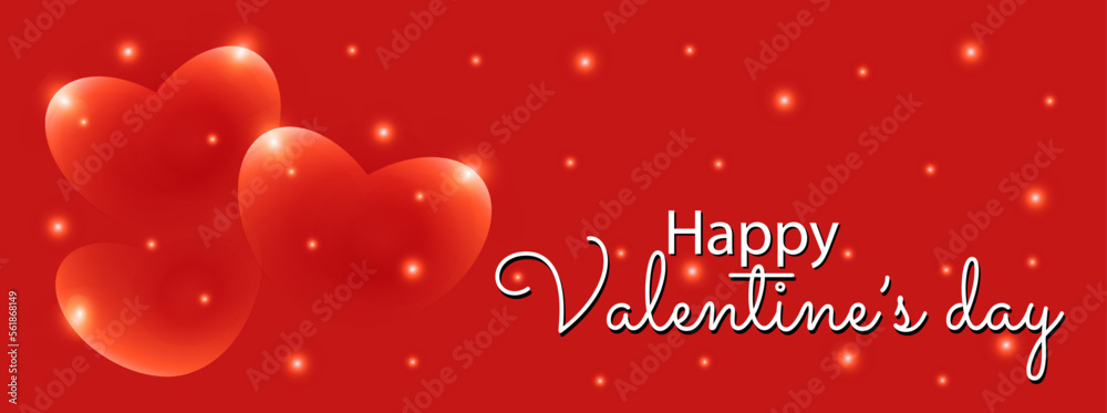 Happy Valentine's day background with glowing hearts vector illustration. Luminous romantic symbols isolated on red background. Shining lights. Poster template