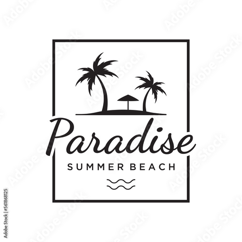 Beach summer vacation creative logo template with waves  palm trees and surf board symbols in retro style.Emblem label  poster badge.